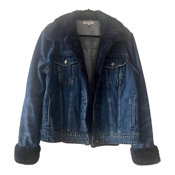 Good American Dark Denim Jacket Faux Fur Trim size Large (3) - Picture 7 of 11